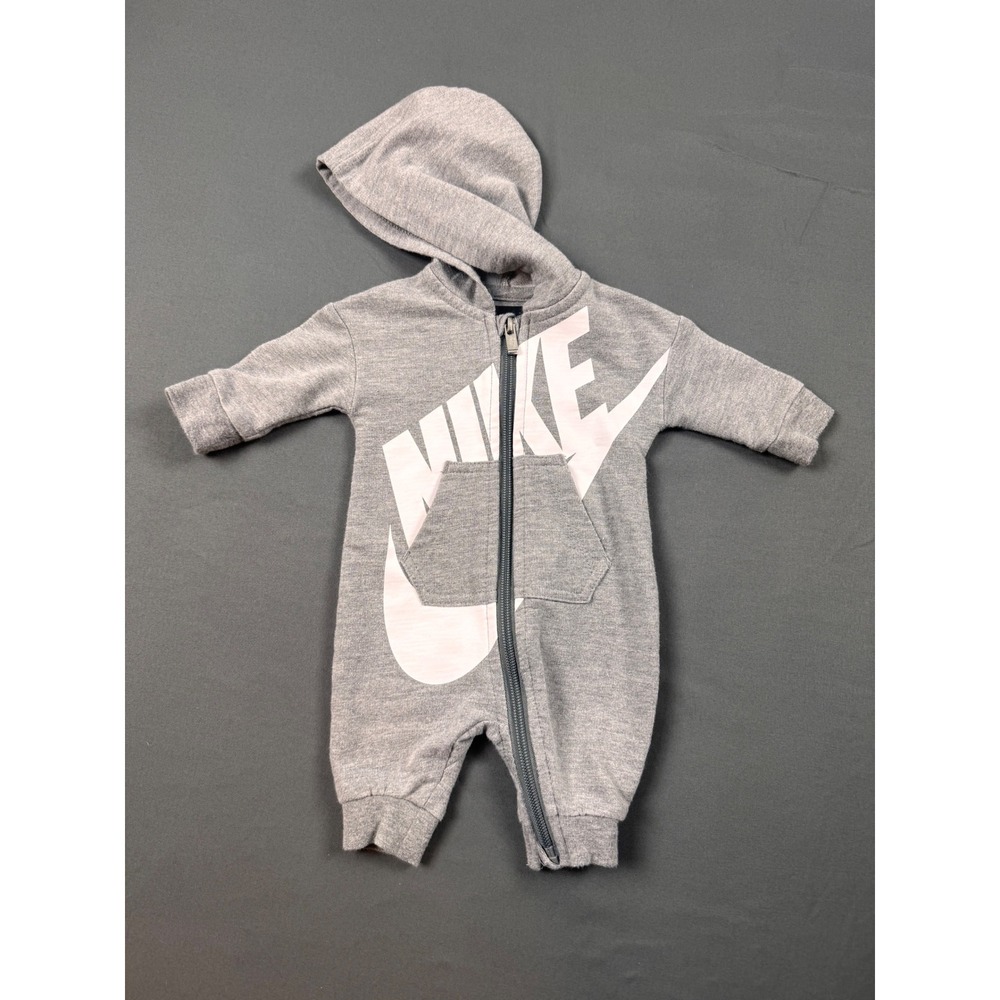 Nike Newborn Gray Hooded Full Zip Romper Fleece One Piece Gray Large Check
